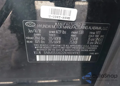 2019 Hyundai Santa Fe Limited from USA, damaged, VIN 5NMS53AD2KH004941
